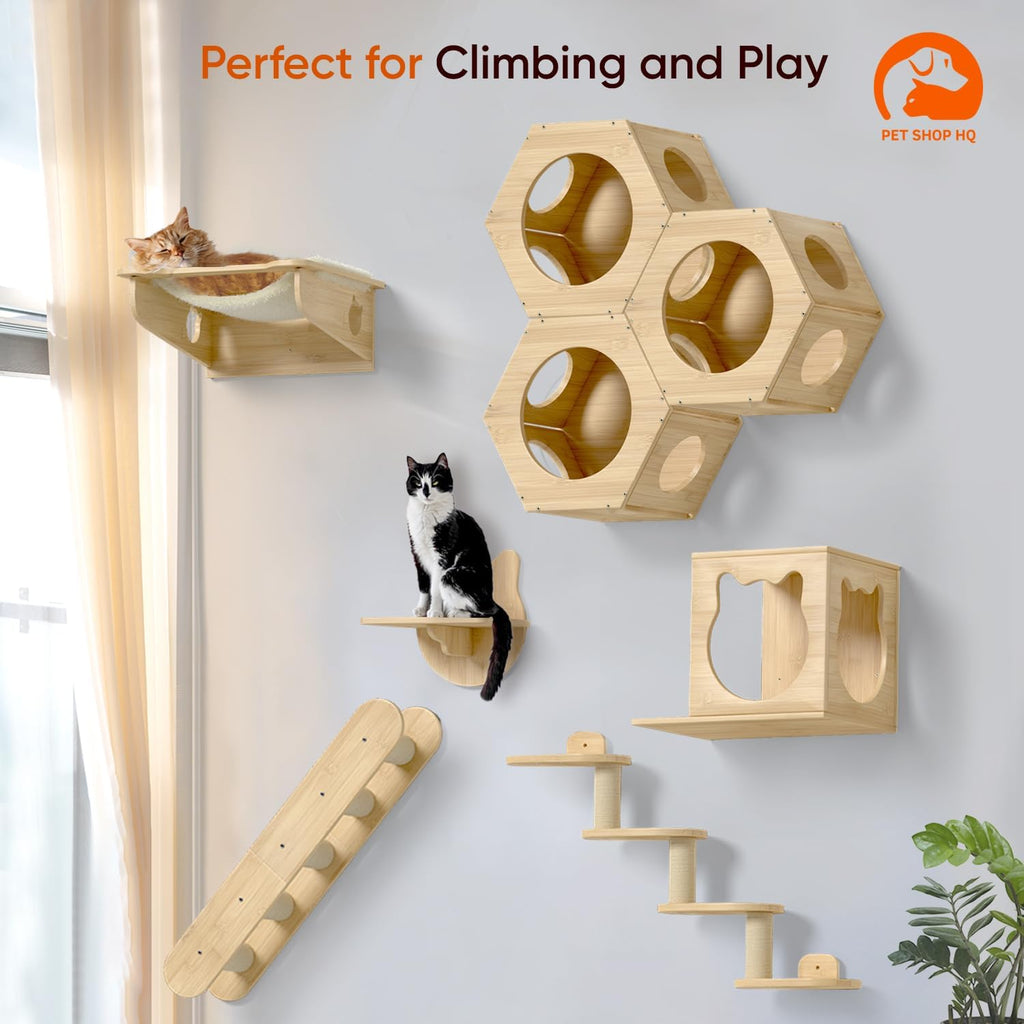 Cat Wall Furniture - Climbing Shelves, Ladders, Hammock & More - Bamboo Material - Light Brown - Cat House, Shelves, Perches, Hammock, Bed, Bridges, Walkways