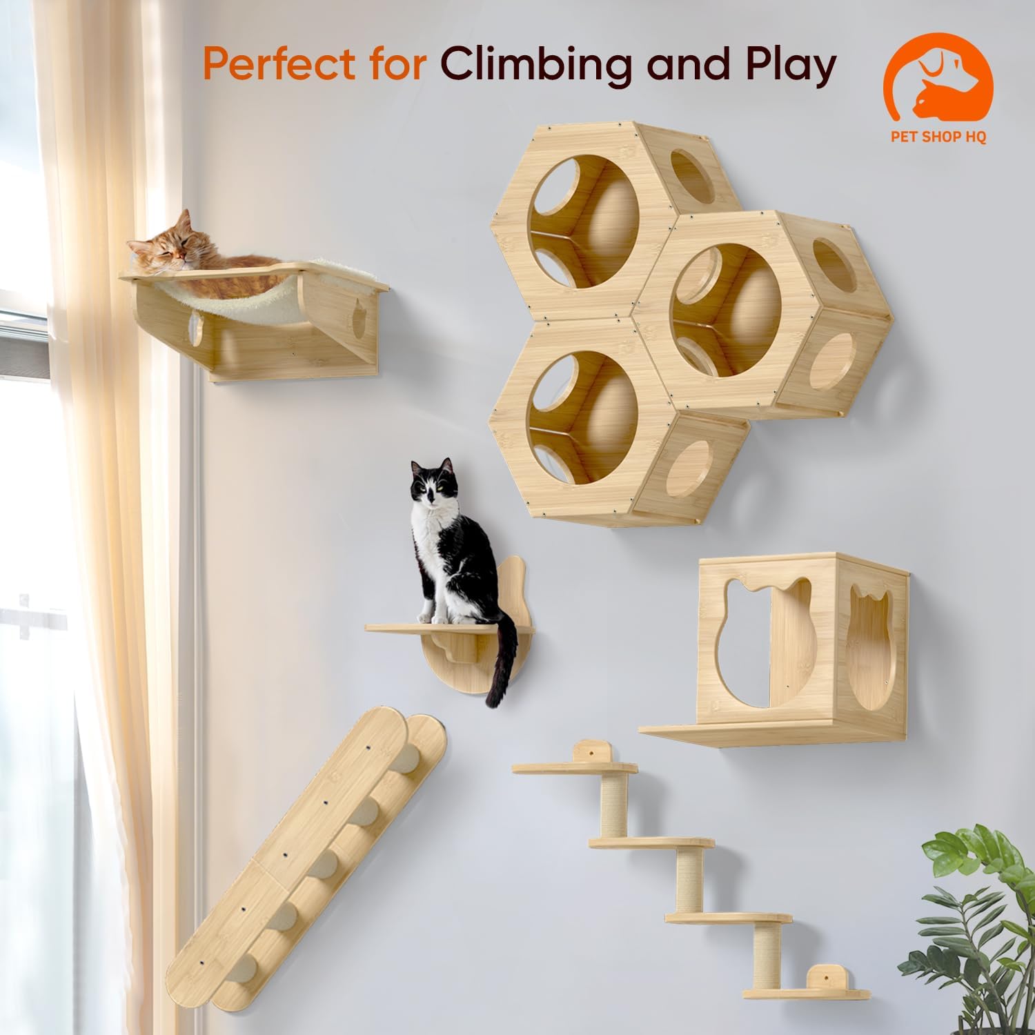 Cat Wall Furniture - Climbing Shelves, Ladders, Hammock & More - Bamboo Material - Light Brown - Cat House, Shelves, Perches, Hammock, Bed, Bridges, Walkways