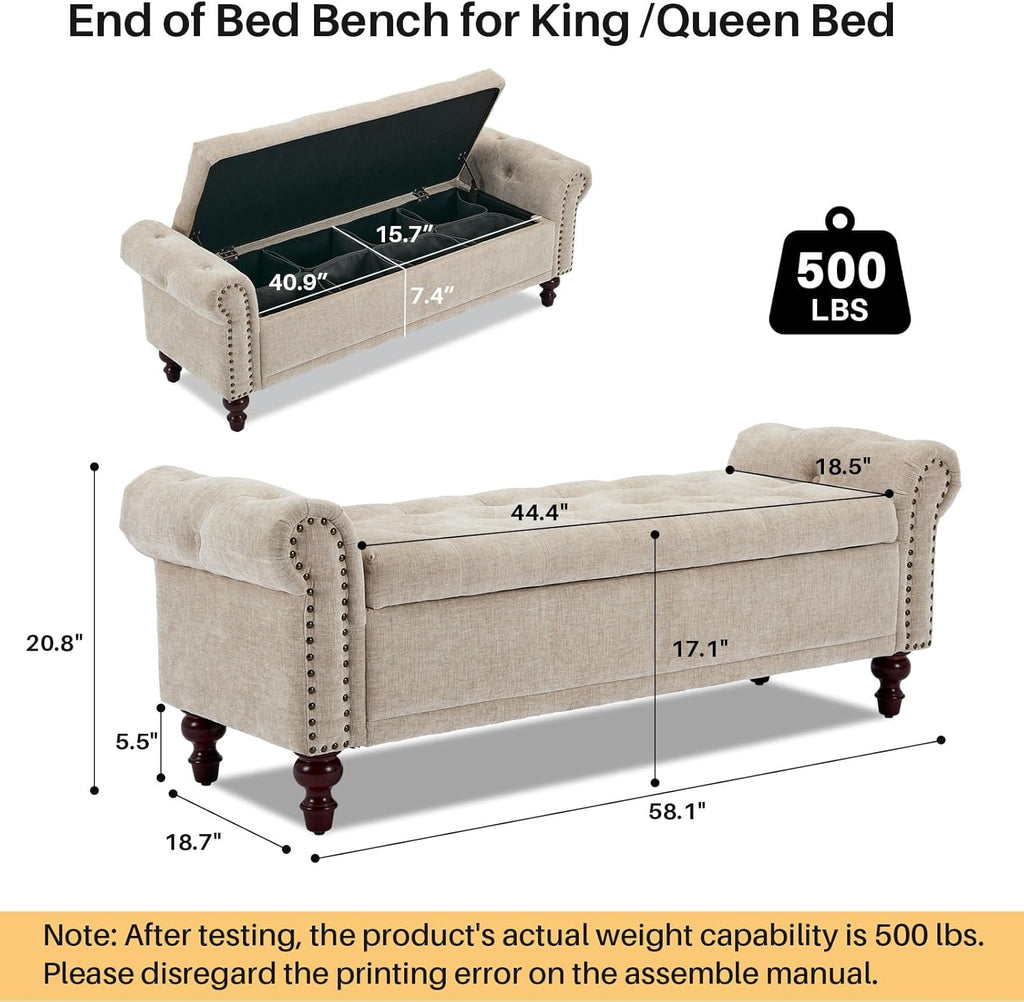 58.1'' Storage Bench Upholstered Chenille End of Bedroom Bed Bench Ottoman with Tufted Cushioned Rolled Arm Large Storage Space for Reading Living Room Entryway, Light Brown