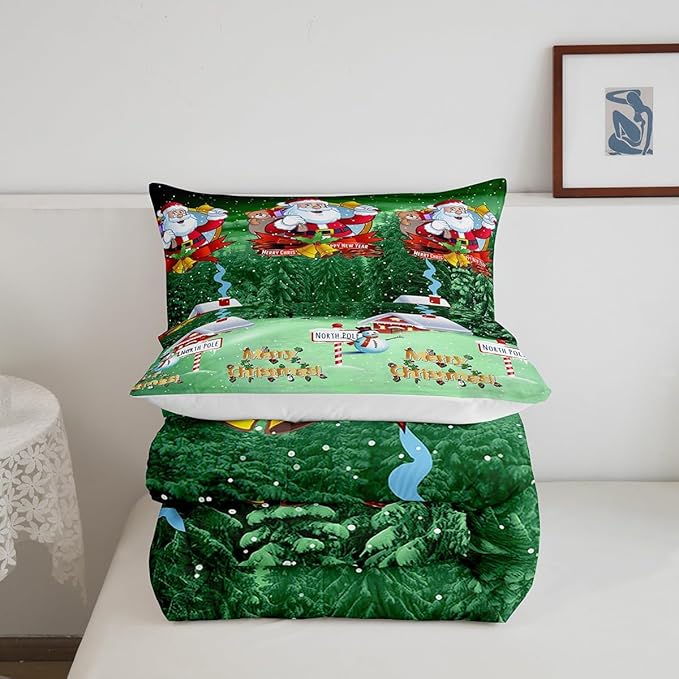 Feelyou Santa Claus Printed Comforter Set Christmas Bedding Set for Kids Boys Girls Galaxy Blue Cute Decor Comforter Snowman Snowflake Quilt Collection 3Pcs King Size