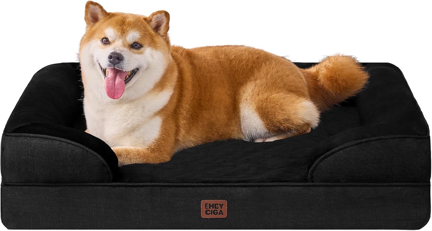 EHEYCIGA Orthopedic Dog Beds for Large Dogs, Waterproof Memory Foam Large Dog Bed with Sides, Non-Slip Bottom and Egg-Crate Foam Pet Couch Bed with Washable Removable Cover, Black