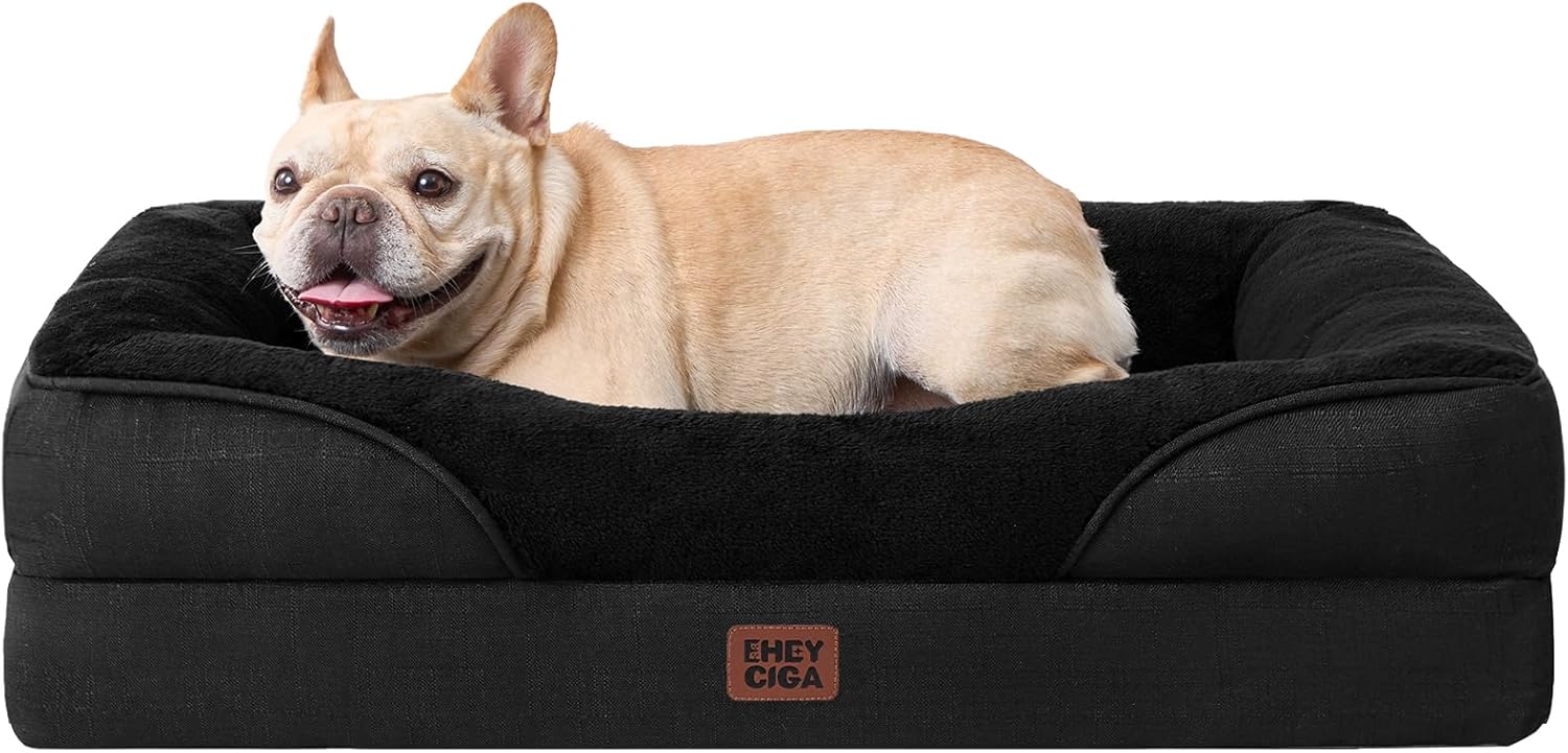 EHEYCIGA Memory Foam Dog Bed for Medium Size, Orthopedic Dog Sofa with Sides and Waterproof Liner, Washable Bolster Pet Couch with Removable Cover, 30x20x6.5 Inch, Black