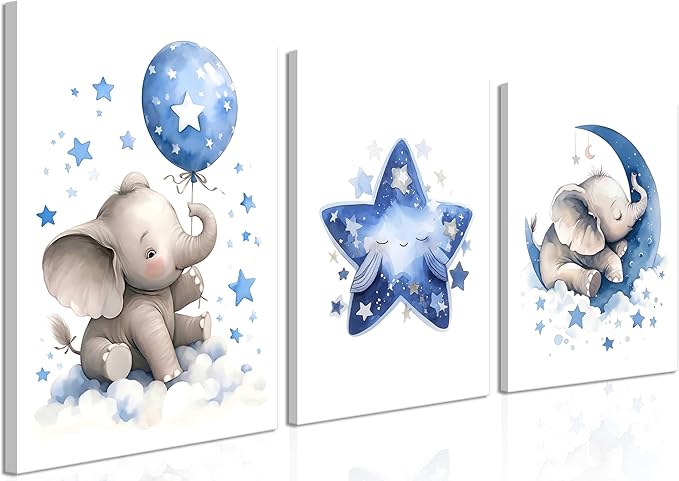 Baby Boy Nursery Canvas Wall Art Set of 3, Blue Elephant Moon and Stars Picture Wall Decor Painting, Cute Animal Baby Girl Nursery Posters Prints for Kids Room Bedroom 12x16 In Framed