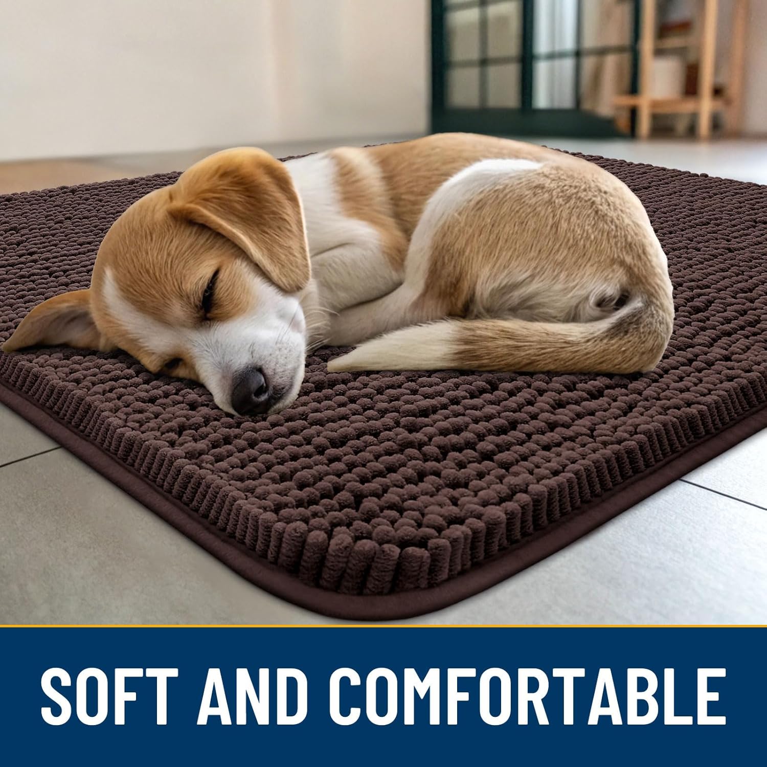 Smiry Dog Door Mat for Muddy Paws 47x24, Absorbs Moisture and Dirt Doormat, Non-Slip Washable Quick Dry Chenille Front Door Mat Indoor Entrance, Entryway Carpet for Inside Floor, Brown