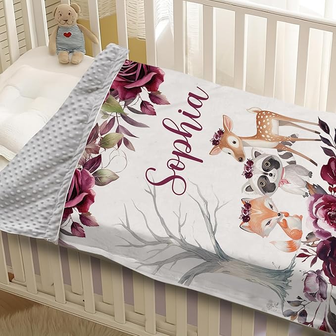 Custom Baby Blanket with Name, Double Layer Soft Dot Back Personalized Baby Blanket for Boys Girls, Woodland Blanket for Newborn Toddler, Customized Swaddle for Kids Birthday Gifts(30”x40)