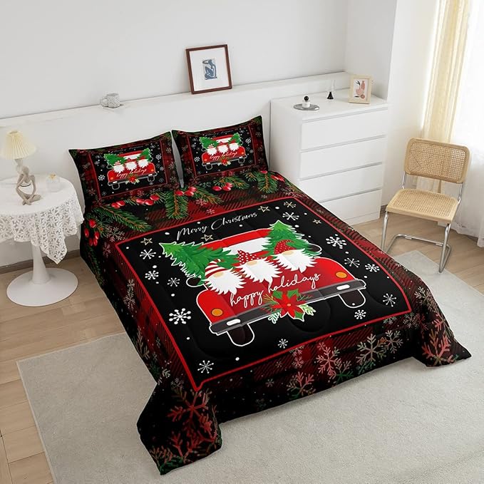 Feelyou Merry Christmas Bedding Sets for Kids, Black White Xmas Tree Car Snowflake Geometric Comforter Set King Size Decor 3 Pcs with 2 Pillow Cases Boys