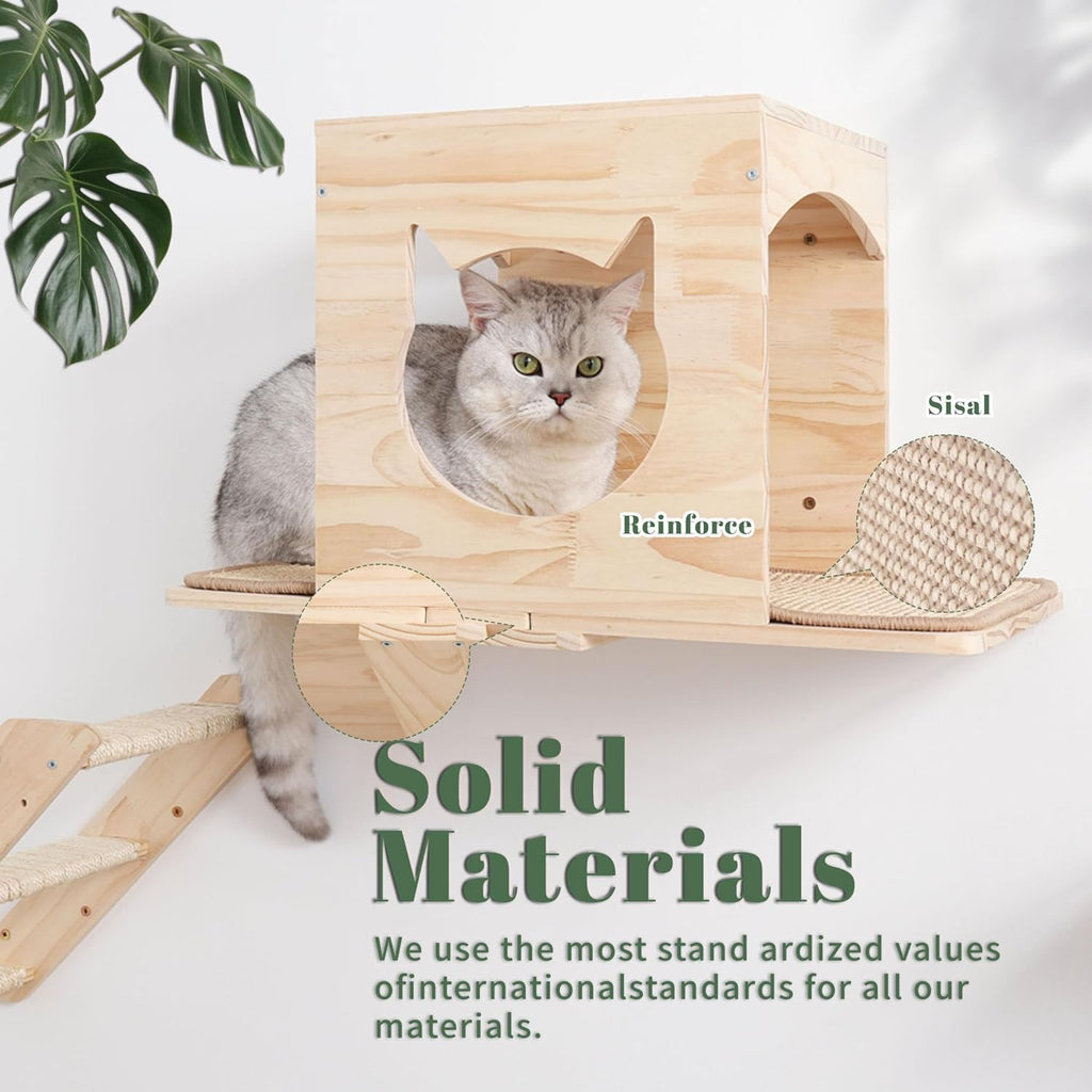 Cat Wall Shelves Set – Wall Mounted Cat Furniture with House, Sisal Mat, Scratching Posts & Perches – Indoor Climbing Shelves for Large Cats