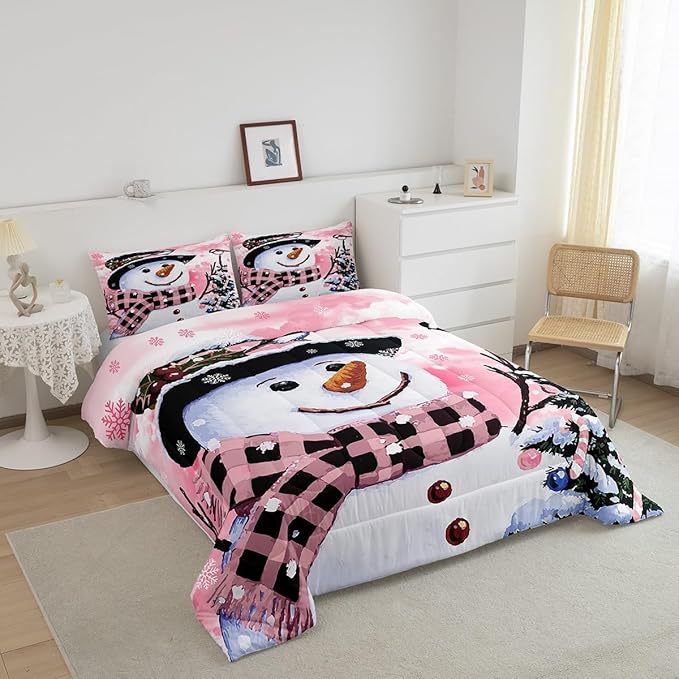 Feelyou Kids Christmas Theme Decorations Bedding Set Xmas Snowman Comforter Set for Boys Girls Snowflake Kawaii Cute Comforter Watercolor Pink Quilt Set Bedroom Collection Toddler Size