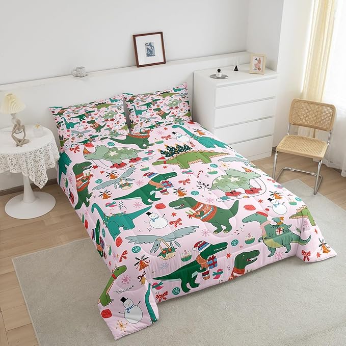Feelyou Christmas Pink Comforter Set Queen Size for Kids Boys Girls Cartoon Xmas Dinosaur Bedding Set Snowman New Year Decorations Bedroom Quilt Set