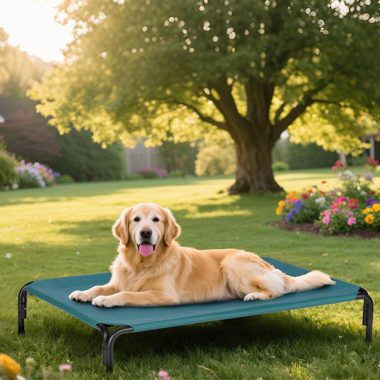 Elevated Dog Bed for Outdoor, XXL Raised Dog Cot Indestructible with Washable Mesh, Cooling Summer Pet Cot Chew Proof for Outside Camping Travel, 51 inch Green