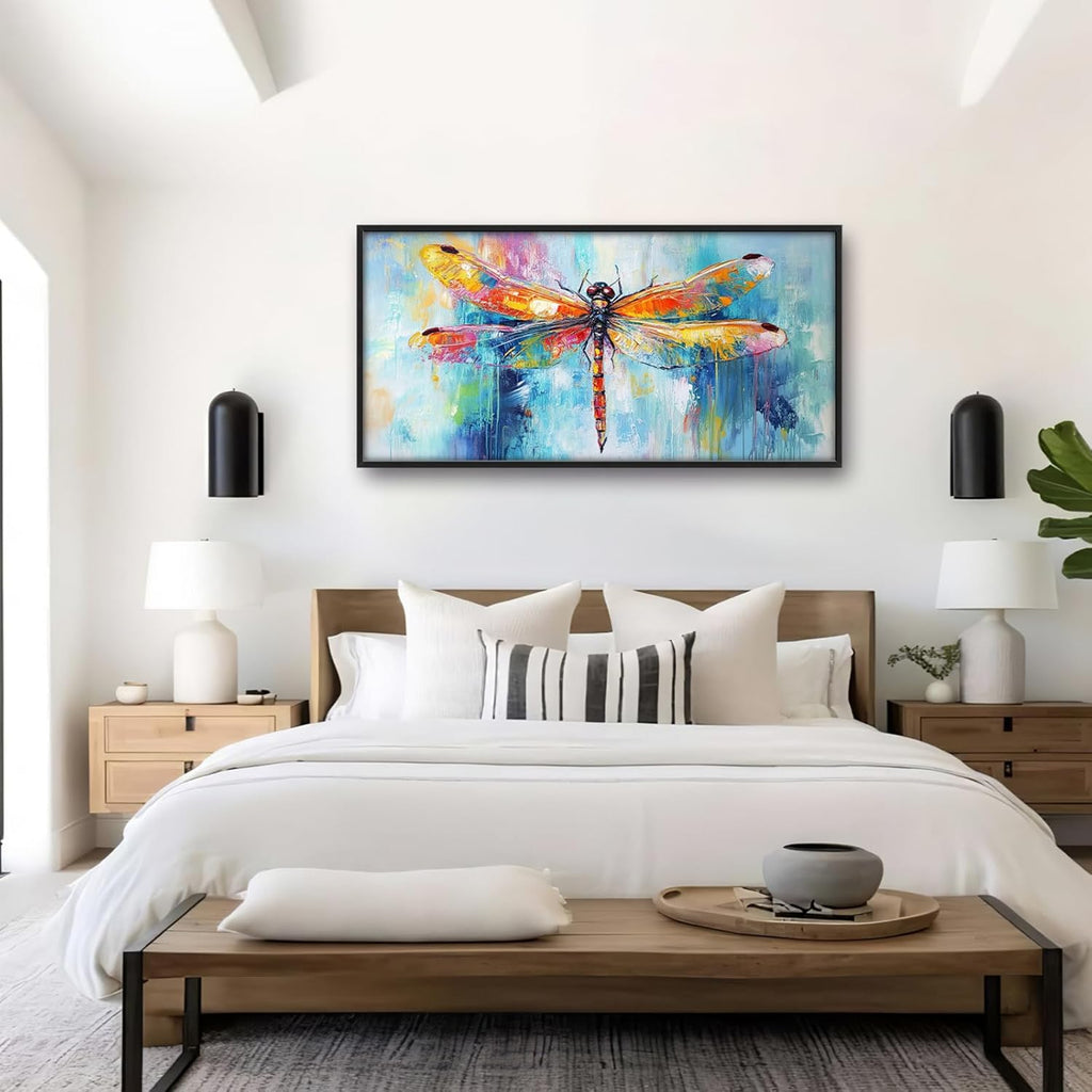 Extra Large Abstract Dragonfly Framed Wall Art for Living Room,Oversized Colorful Dragonfly Pictures Wall Decor,Teal Canvas Print Painting Modern Artwork Bedroom Office Bathroom 60L" x 30W"