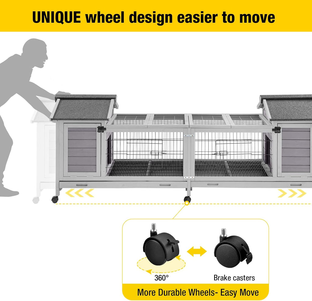 Aivituvin Rabbit Hutch Bunny Cage with Double House and Run Indoor Outdoor Guinea Pig House with Deeper No Leak Trays and Wheels