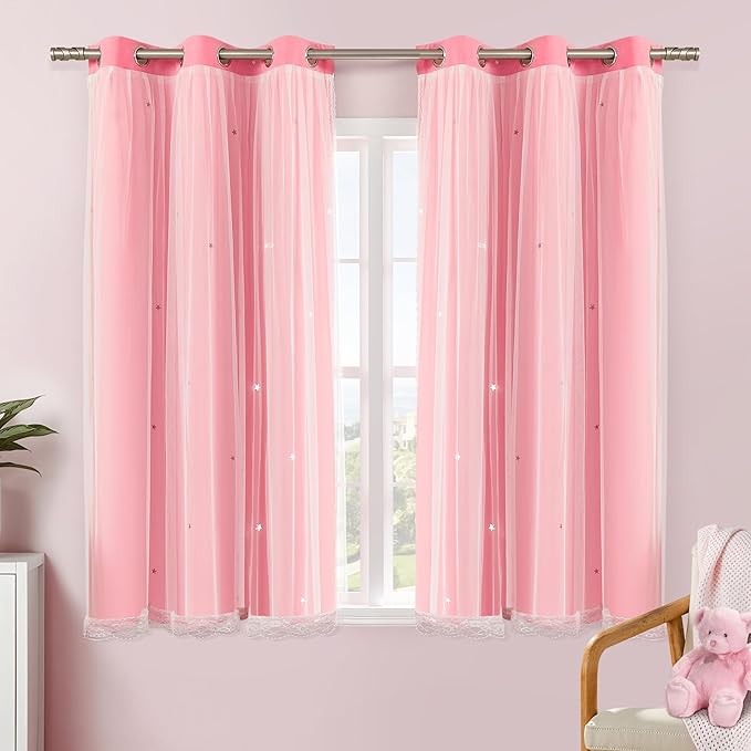 XiDi Pink Curtains with Sheer Overlay for Girls Bedroom 80% Blackout Double Layer Curtains for Nursery Kids Room Star Drapes with Tiebacks Room Darkening Grommet Window Treatment 2 Panels W34 X L63