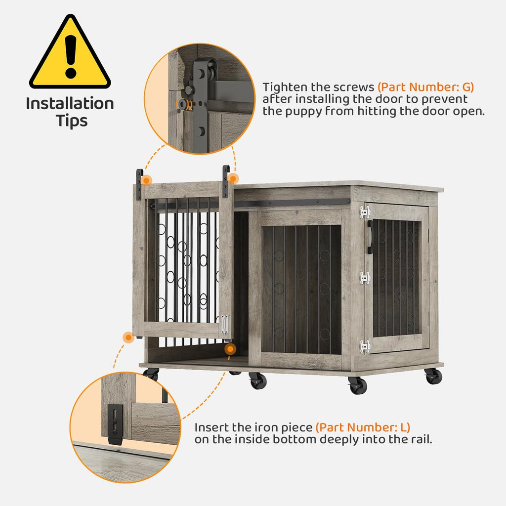 IchbinGo Large Dog Crate Furniture, 47" Wooden Dog Kennel with Sliding Barn Door, Flip-Top Lid & Wheels, Indoor Pet Crate Table with Detachable Divider for Small/Medium/Large Dogs (Rustic Grey)