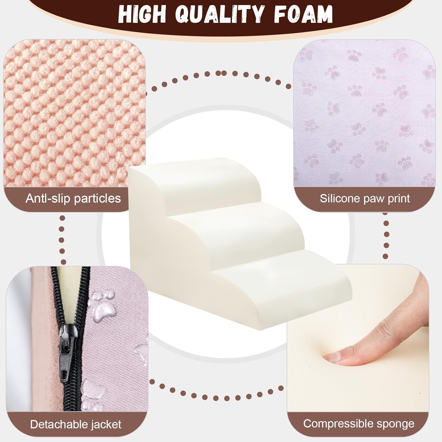 Dog Stairs for Small Dogs - High Density Foam Pet Steps, Extra Wide Dog Ramp with Non-Slip Bottom for High Beds, Couch and Sofa, Best for Dogs Injured, Older Doggy Cats,3 Steps, Pink