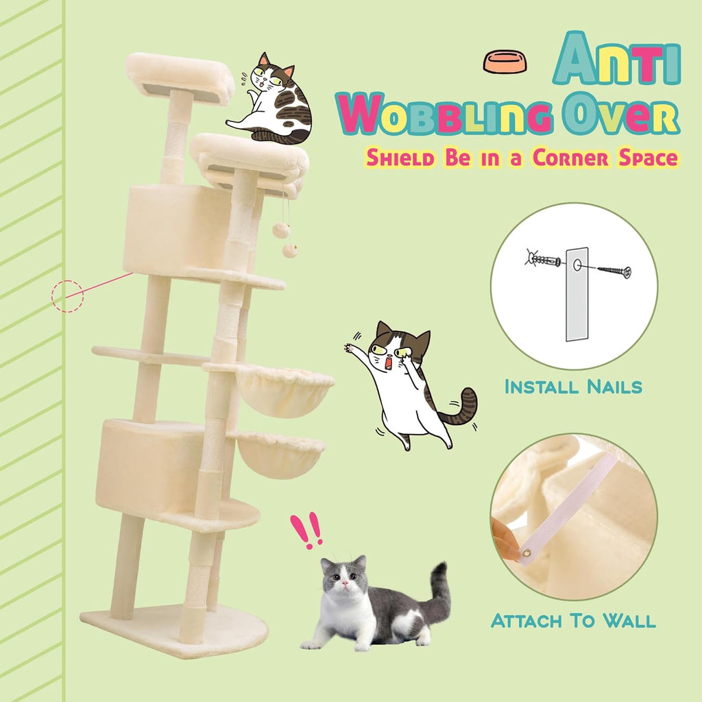 SHA CERLIN 73in Fan-Shaped Corner Cat Tower for Save Space/Multi-Level Tall Cat Tree for Indoor Kitties/Condo with Baskets/Cozy Perches/Sisal Scratching Posts/Pet Activity House/Beige