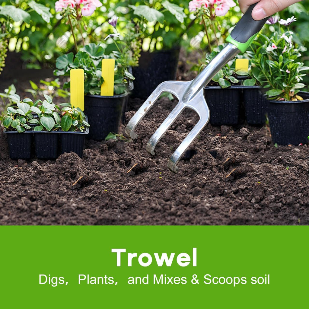 Garden Tool Set, 3 Pack Aluminum Heavy Duty Gardening Kit Includes Hand Trowel, Transplant Trowel and Cultivator Hand Rake with Soft Rubberized Non-Slip Ergonomic Handle, Garden Gifts