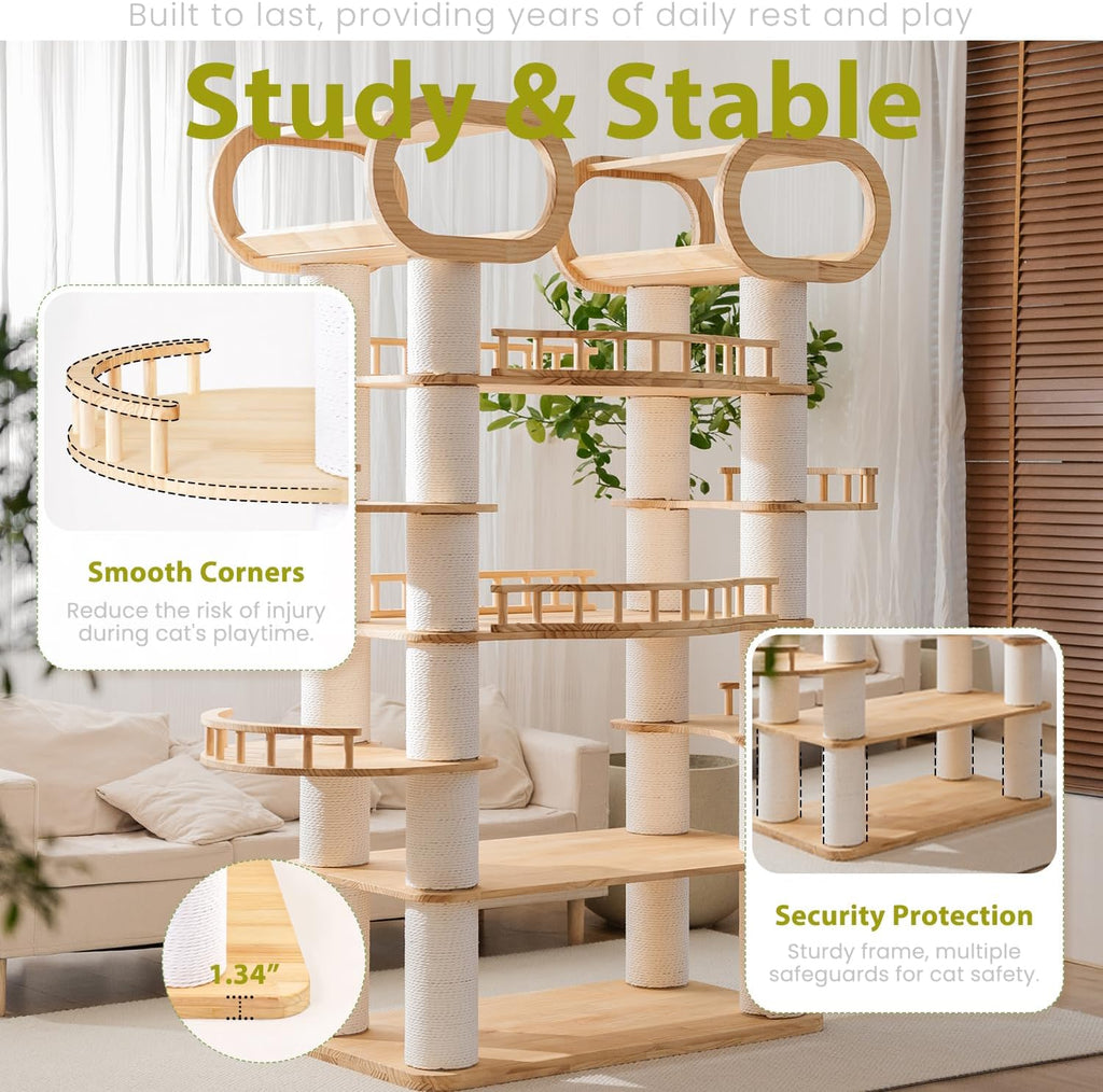 76.8'' Modern Cat Tree, Tall Cat Tower for Indoor Cats, Pine Wood Climb Tower with 2 Removable Mats, Heavy Duty Cat Furniture with Fully Wrapped Scratching Post, Huge Cat Condo for Multi-Cat Families