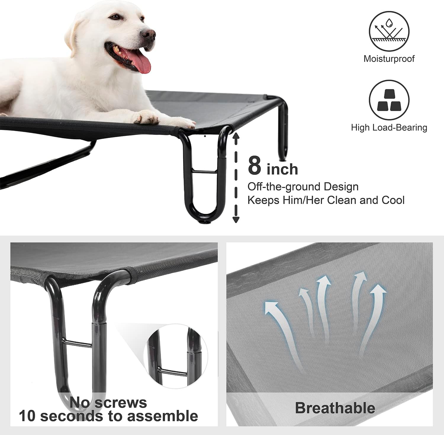 pettycare Elevated Outdoor Dog Bed - Dog Cots beds for Large Dogs XL, Waterproof Raised Dog Bed Easy to Assemble, Cooling Elevated Dog Bed with Teslin Mesh, Durable, Non Slip, Up to 85 lbs,Grey