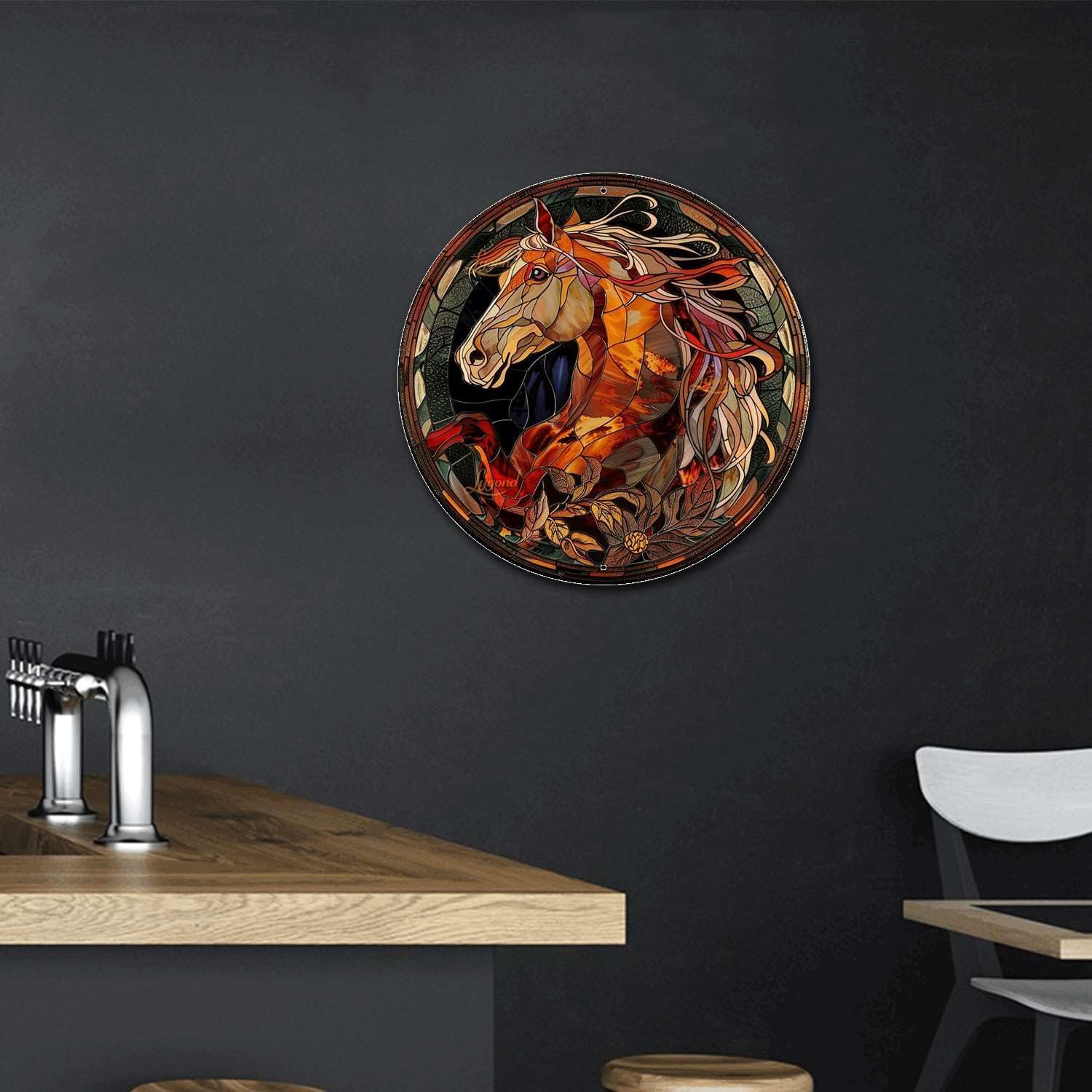 Lygond Metal Sign Tin Sign Circular Stained Glass Horse Gardening Poster for Pet 8×8 Inches