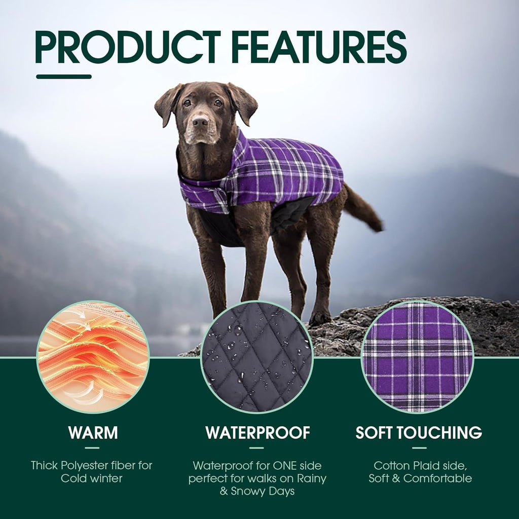 Kuoser Waterproof Dog Coat, Reversible Dog Jacket for Large Dogs, Adjustable Durable Doggie Winter Coat for Groowing Puppies Warm Puppy Cold Weather Apparel, Purple L