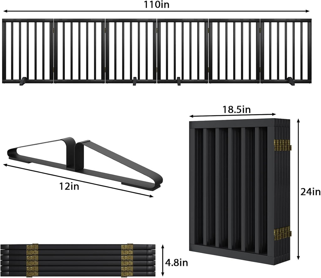 Extra Wide Dog Gate 110 inches Wide, Freestanding Pet Gate for The House Doorway, Pet Puppy Barrier, Support Feet Included, Black,6 Panels