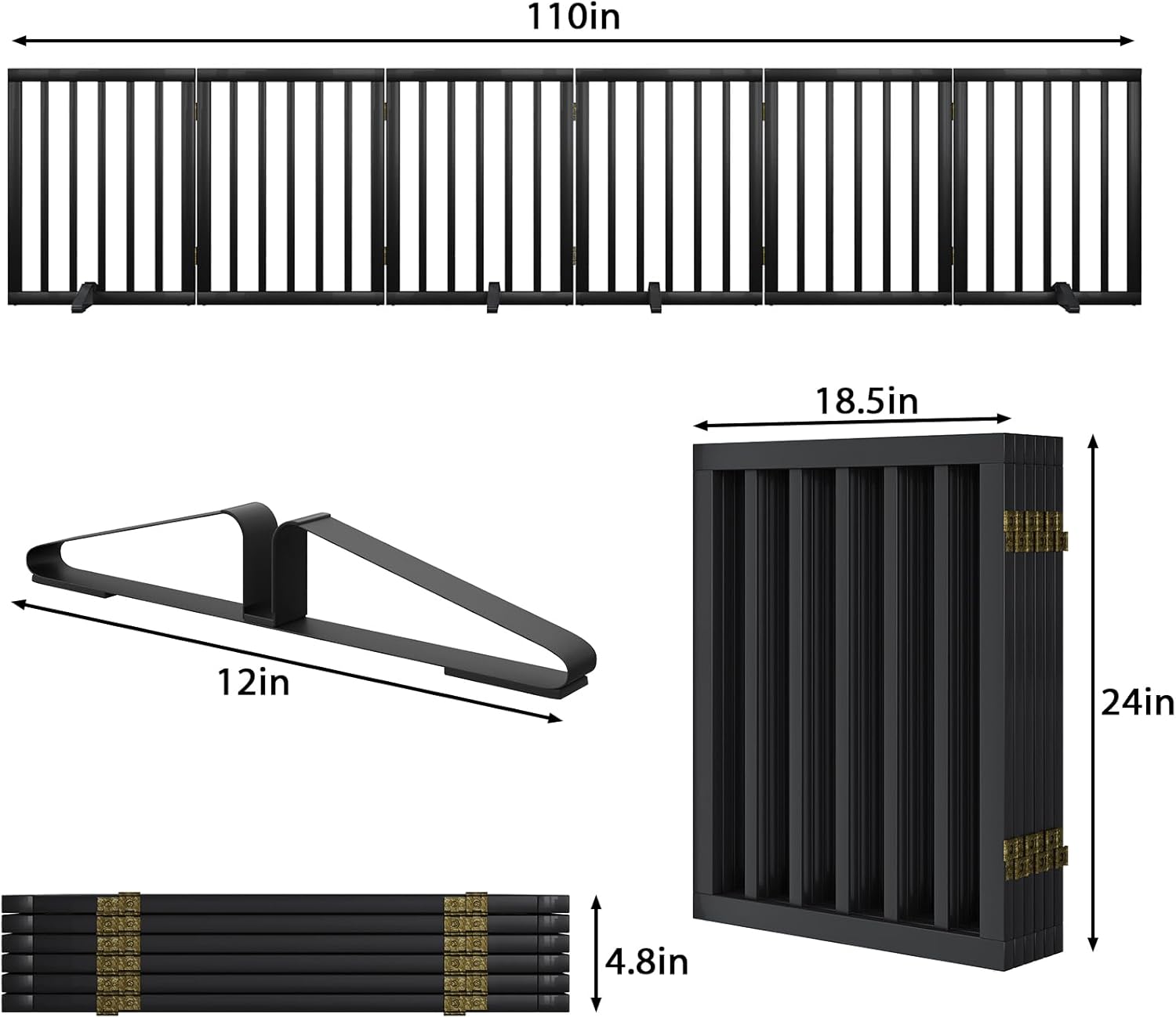 Extra Wide Dog Gate 110 inches Wide, Freestanding Pet Gate for The House Doorway, Pet Puppy Barrier, Support Feet Included, Black,6 Panels