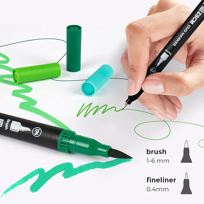 Green Duo Tip Marker Pens, 12 Pack Fine & Brush Markers for Adult Coloring Books No Bleeding, Nature Green Markers for Foliage, Landscape Drawings, Botanical Illustrations and Eco Designs