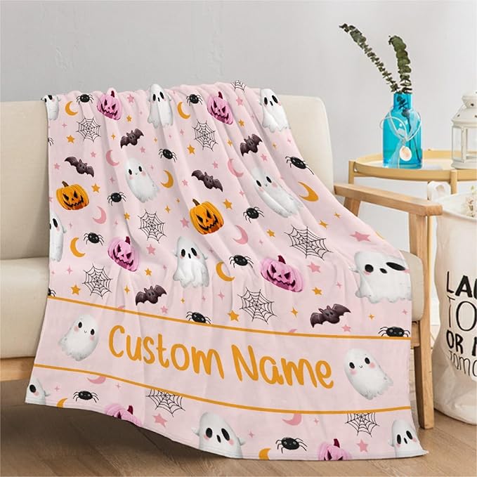Personalized Ghost Blanket for Boys & Girls | Plush Cozy Custom Name Blanket | Halloween Decor Personalized Gift | 90"x120" - Family/King Size