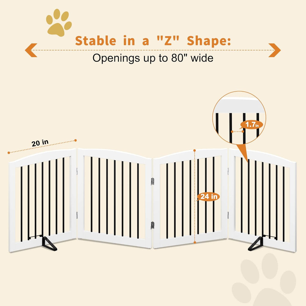 Freestanding Pet Gate for Dogs, Foldable Wooden Dog Gate for House, Indoor Dog Gate for Stair, Doorway, Gates for Dogs Indoor, 80 Inch Wide, 4 Panels 24",White