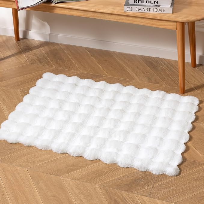 Ashler Faux Rabbit Fur Rug, White 2x3 FT Fluffy Soft Runner Area Rugs, Rectangle Fuzzy Carpet for Living Room, Bedroom, Machine Washable Shaggy Nursery - 3D Bubble Mat