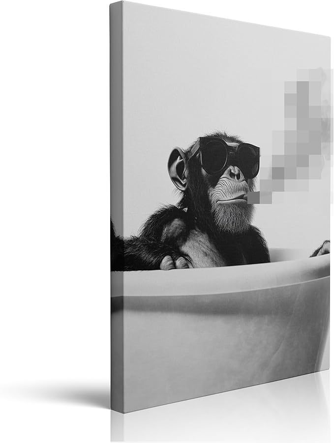 Funny Black and White Monkey Picture Wall Decor Framed Cool Chimpanzee Gorilla in Bathtub Canvas Wall Art Animal Prints Poster Modern Pop Fun Painting for Bathroom Living Room Bedroom (16"x24")