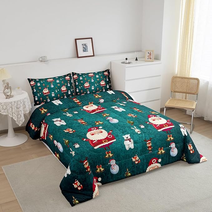 Christmas Comforter Set Cute Snowman Santa Claus Kids Decorations Bedding Set Boys Girls Bear Rabbit Comforter Christmas Bells Design Teal Blue Quilt with 1 Pillowcase 3Pcs Bedding King