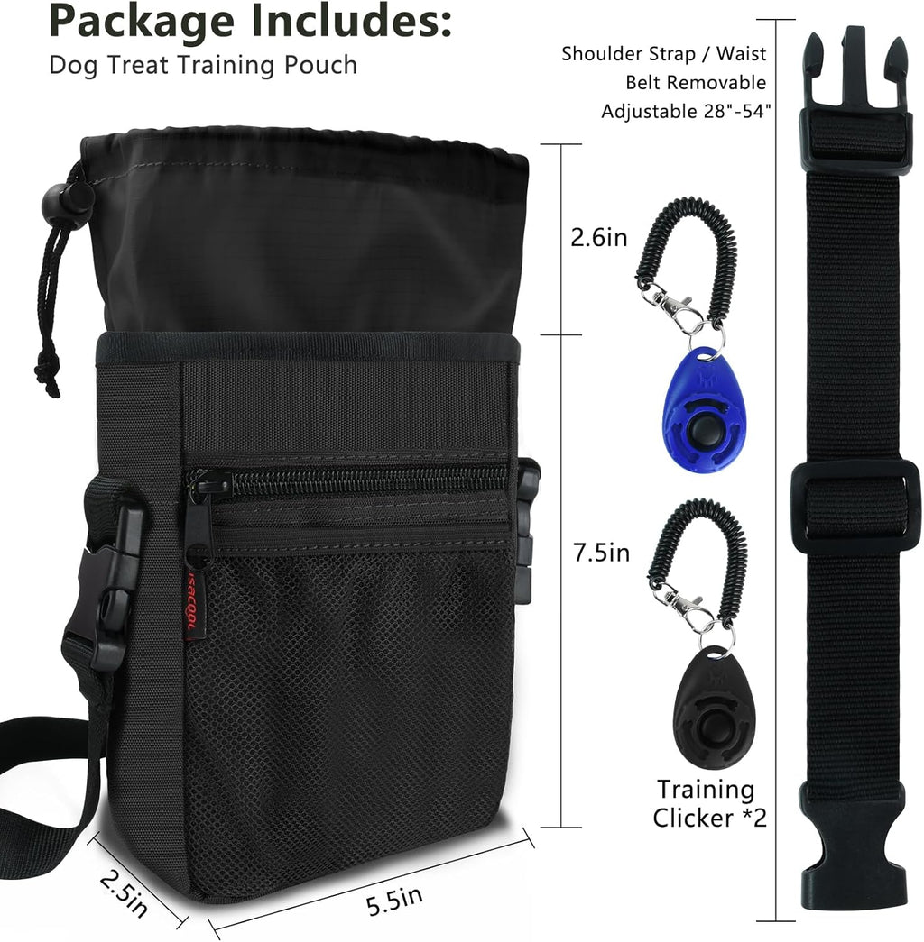 SZO Dog Treat Pouch - 3 Ways to Wear Treat Pouches for Pet Training, Dog Training Treat Pouch Bag and 2 Pieces Clicker Taining for Dogs with Waist Belt Shoulder Strap-Max Black