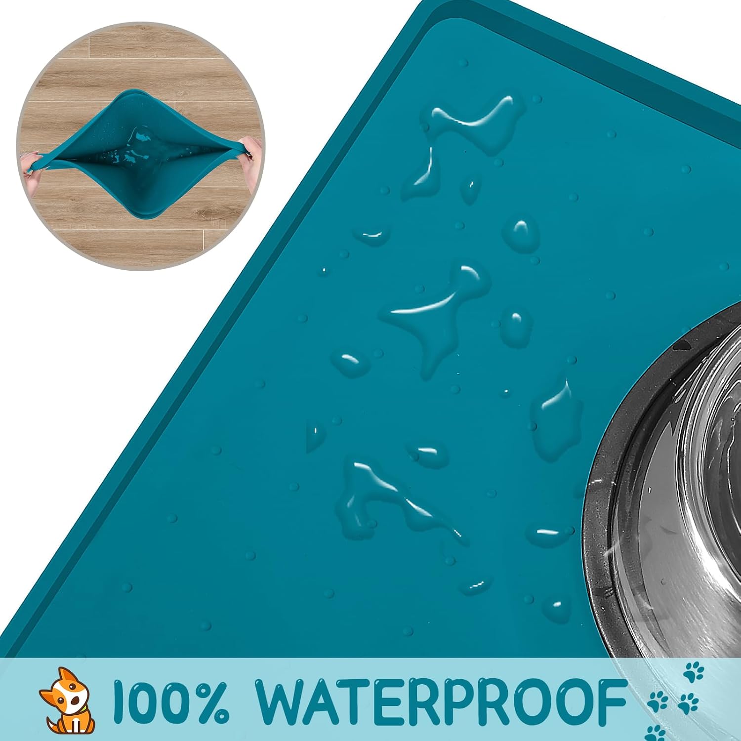MateeyLife Silicone Cat & Dog Food Mat for Floors Waterproof, Anti-Slip Dog Bowl Mats for Food and Water, Pet Feeding Mats with Lip to Prevent Spills, Pet Placemat for Messy Drinkers to Protect Floors