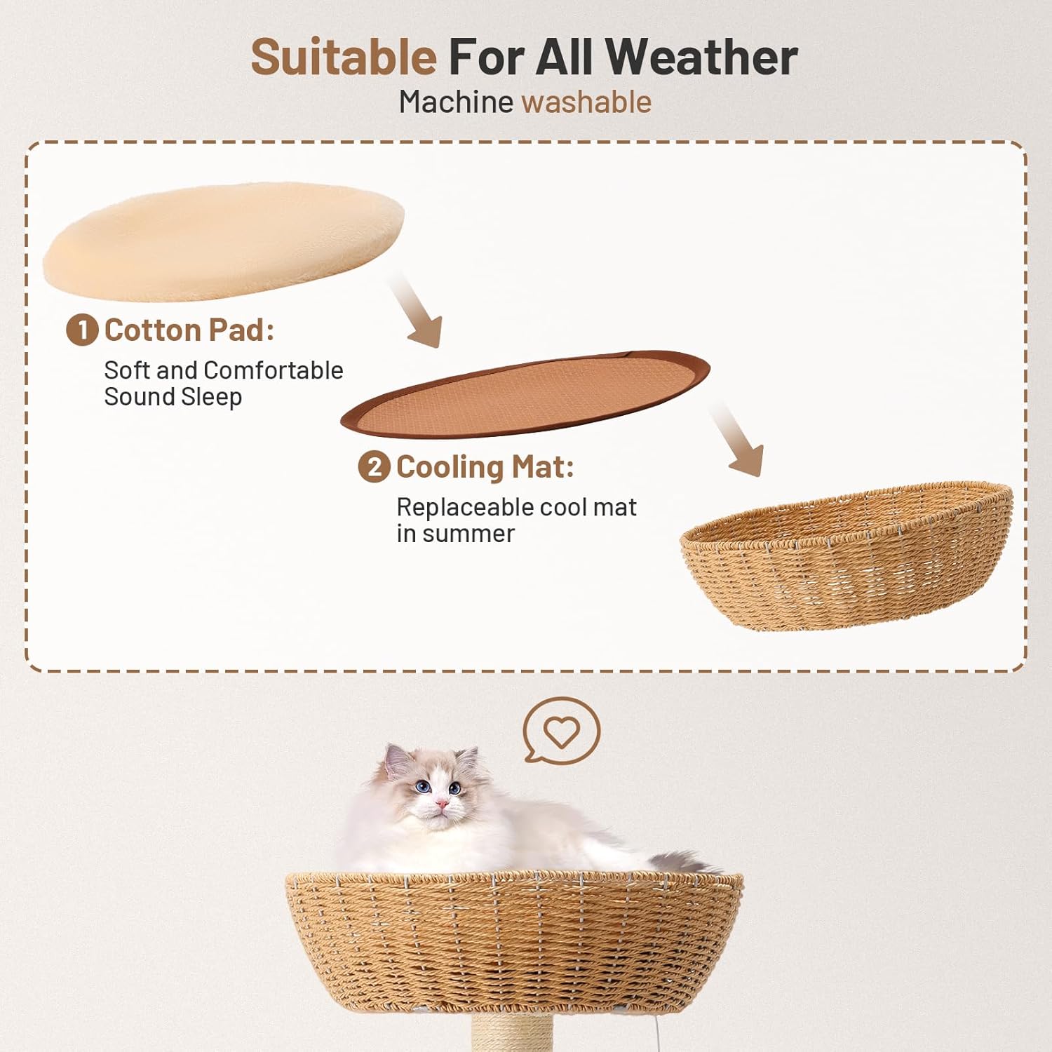 Rattan Cat Climbing Tower Condo with Scratching Post,Capsule,Basket,and Bed Modern Heavy Duty Cat Tree for Indoor Cat Large Adult