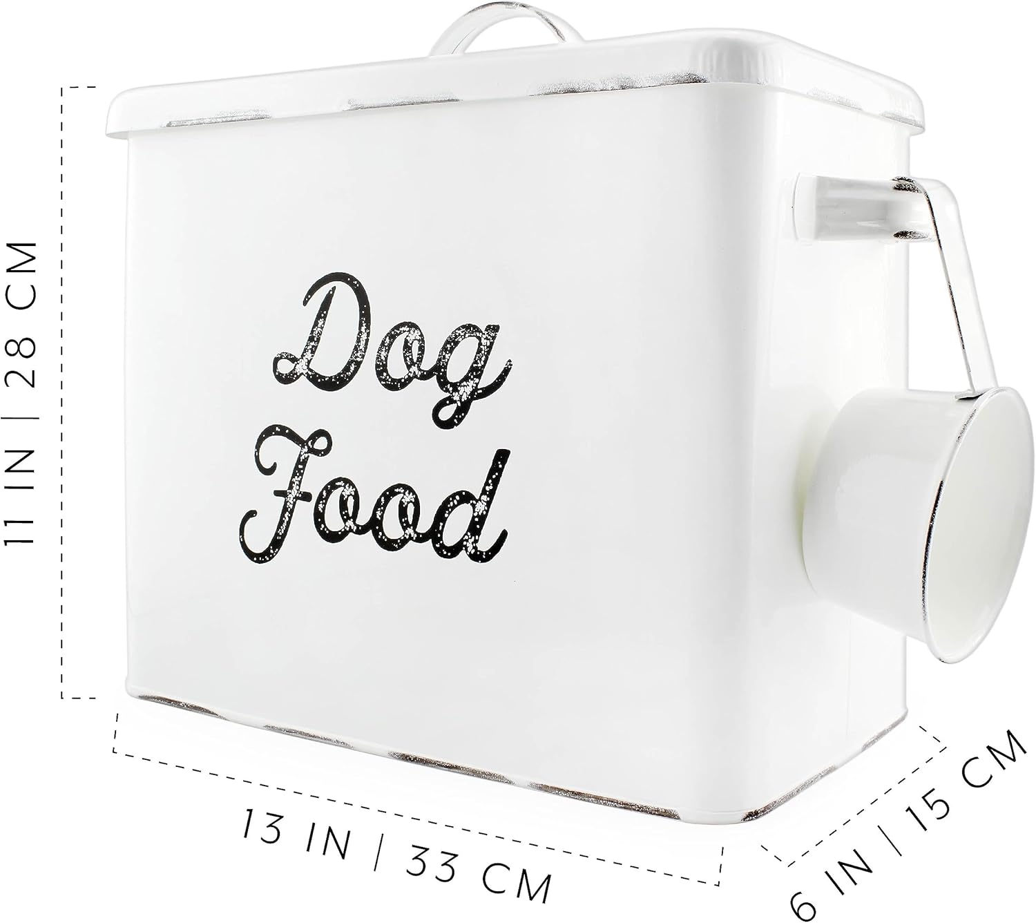 AuldHome Rustic Dog Food Canister; White Farmhouse Style Storage Bin for Small Dogs