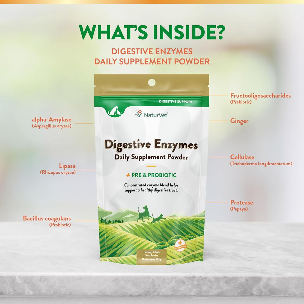 NaturVet – Digestive Enzymes - Plus Probiotics & Prebiotics – Helps Support Diet Change & A Healthy Digestive Tract – for Dogs & Cats – 10 oz Powder