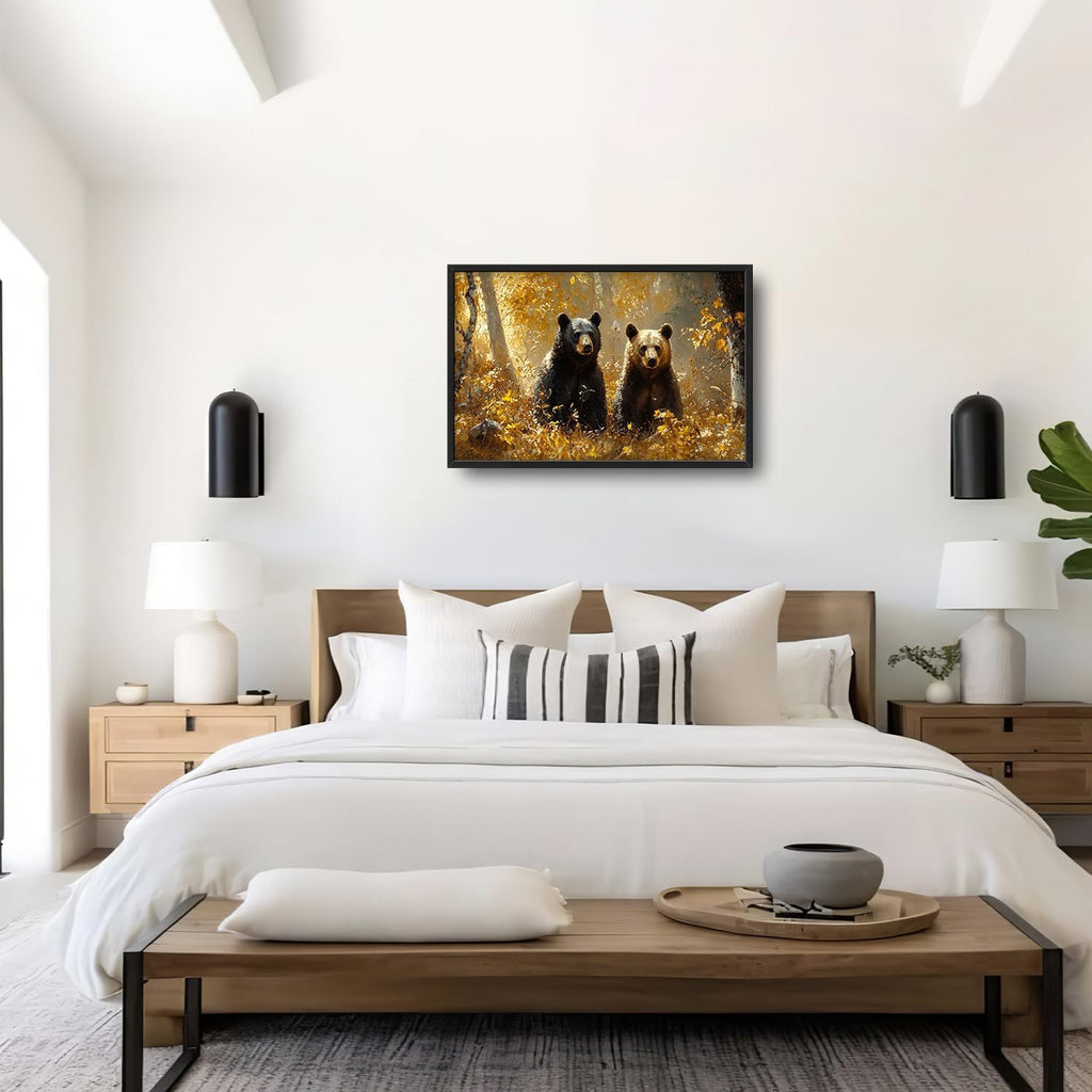 Large Forest Bear Wall Art for Living Room, Black Bear Autumn Canvas Oversized Wall Decor, Wildlife Framed Pictures Painting Print Artwork for Bedroom Office 36L" x 24W"