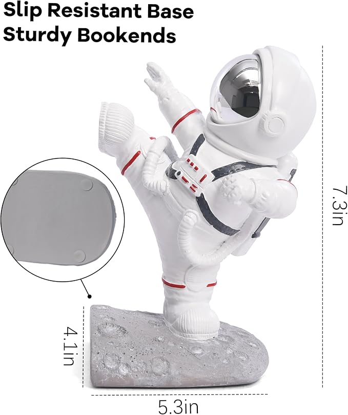 White Book Ends for Kids, Upgraded Astronaut Bookends Resin Spaceman Book Holders for Shelves Sturdy Book Stopper Book Ends to Hold Books Unique Outer Space Book Shelf Ends(F2-Silver Color)