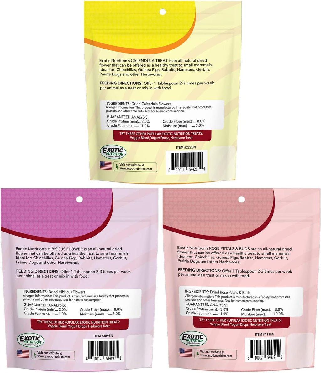 Exotic Nutrition Flower Treat 3 Pack - Healthy Assortment - Hibiscus, Calendula, Rose - for Squirrels, Guinea Pigs, Rabbits, Chinchillas, Prairie Dogs, Degus, Hamster, Gerbils, & Other Herbivores