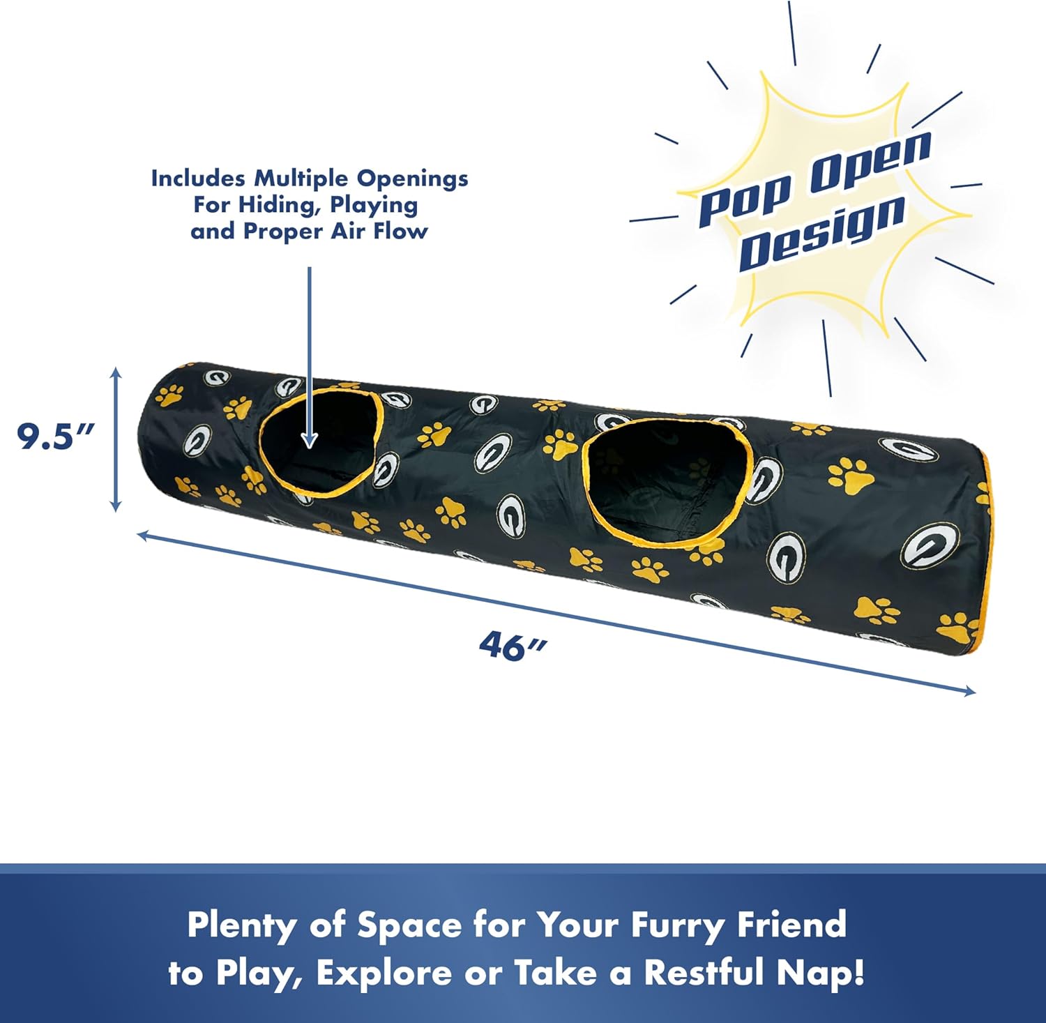 NFL Green Bay Packers Cat Tunnel Tube Toy with Plush Football Catnip and Feathers Collapsible Tunnel for Cats to Play, Peek and Hide, Sporty & Fun Cat Tunnel Toy with Team Logo All-Over Design!