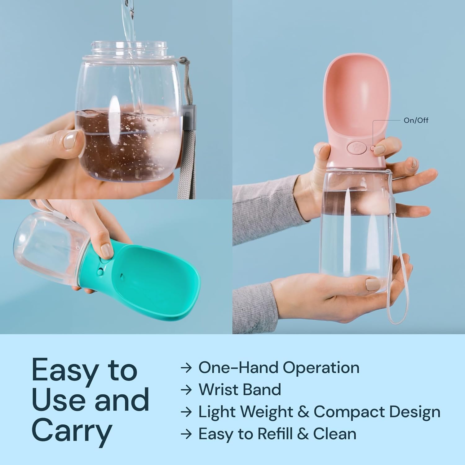 MalsiPree Leak-Proof Portable Dog Water Bottle for Travel - 19 oz, with Pink Bowl - Food Grade Plastic - Dog Bowls - Puppy Essentials - Pet Water Bottle