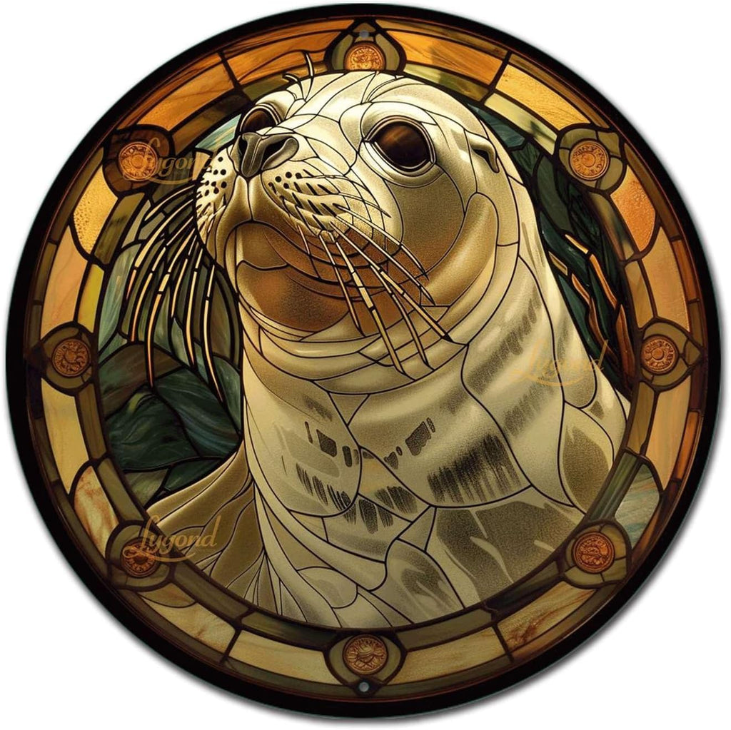 Lygond Metal Sign Tin Sign Circular Stained Glass Harbor Bathroom Signs Decor For Patio 12×12 Inches