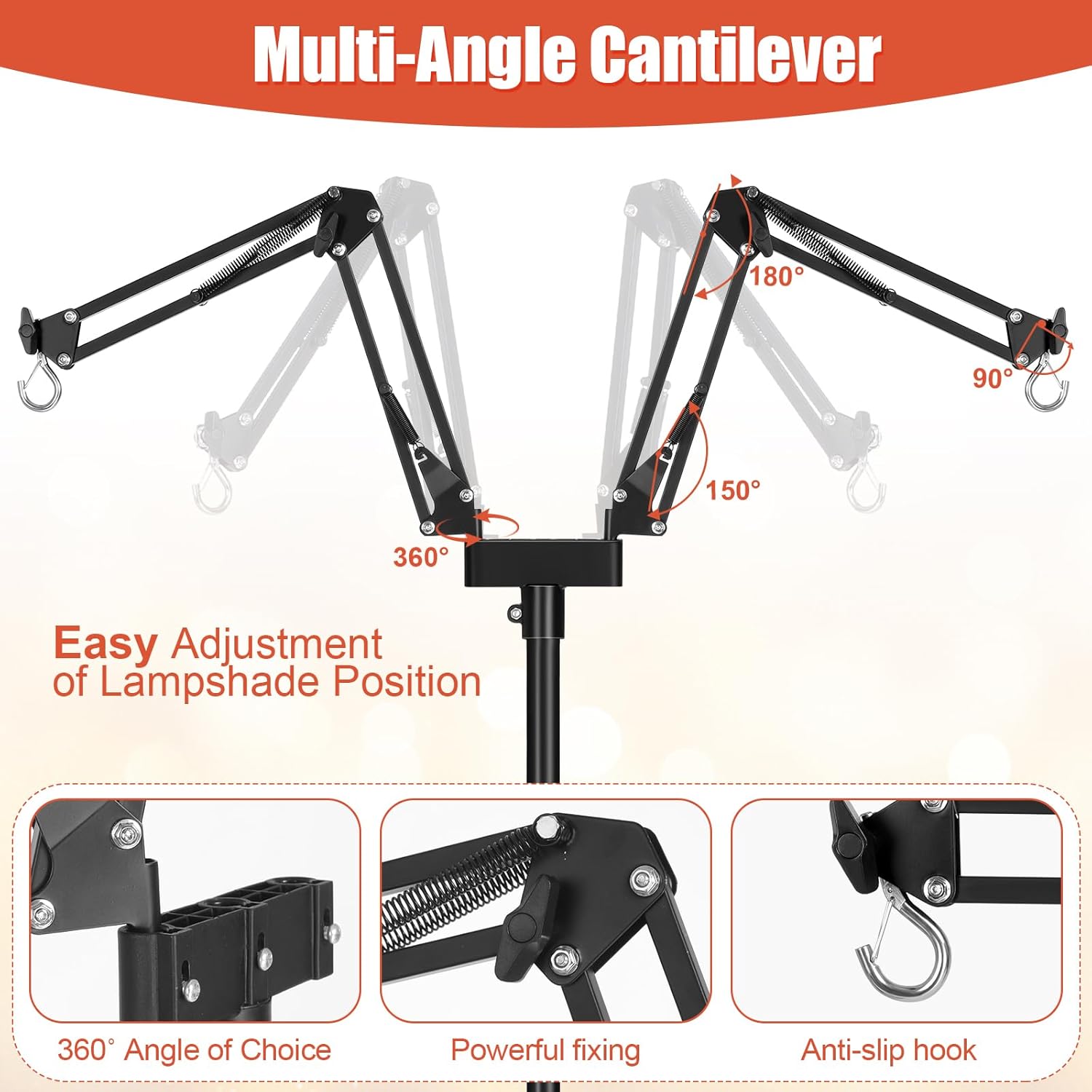 Dual Reptile Lamp Stand - Adjustable Height (15.7in to 74.3in) Metal Light Holder with 2 x 360° Adjustable Arms for Hanging Heat Lamp Fixture Dome Lampshades in Tank and Glass Terrarium