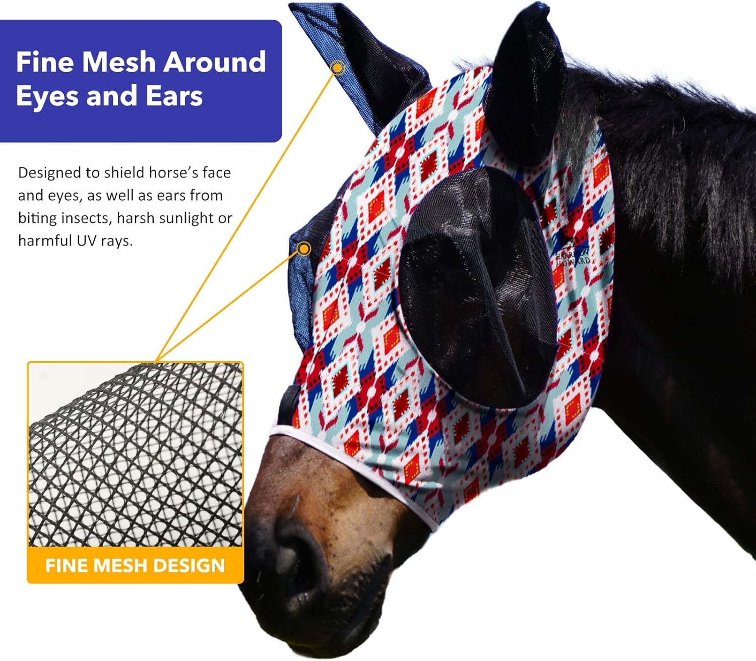 Harrison Howard Super Comfort Stretchy Fly Mask Large Eye Space with UV Protection Soft on Skin with Breathability Tribal Abstract XL Extra Full Size