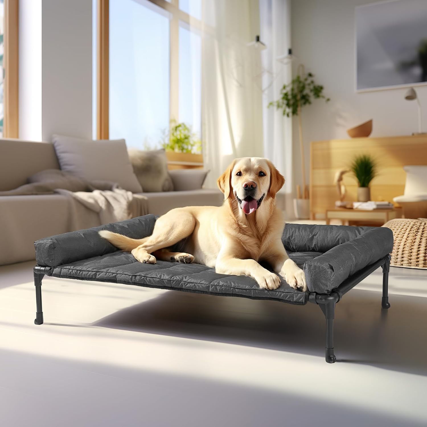 Veehoo Cooling Elevated Dog Bed Add Removable Waterproof Bolster Cushion Mat, Raised Pet Cot with Breathable Teslin Mesh, No-Slip Feet, Dog Couch Bed for Indoor Outdoor, 42x30inches, Black, CWC2331B