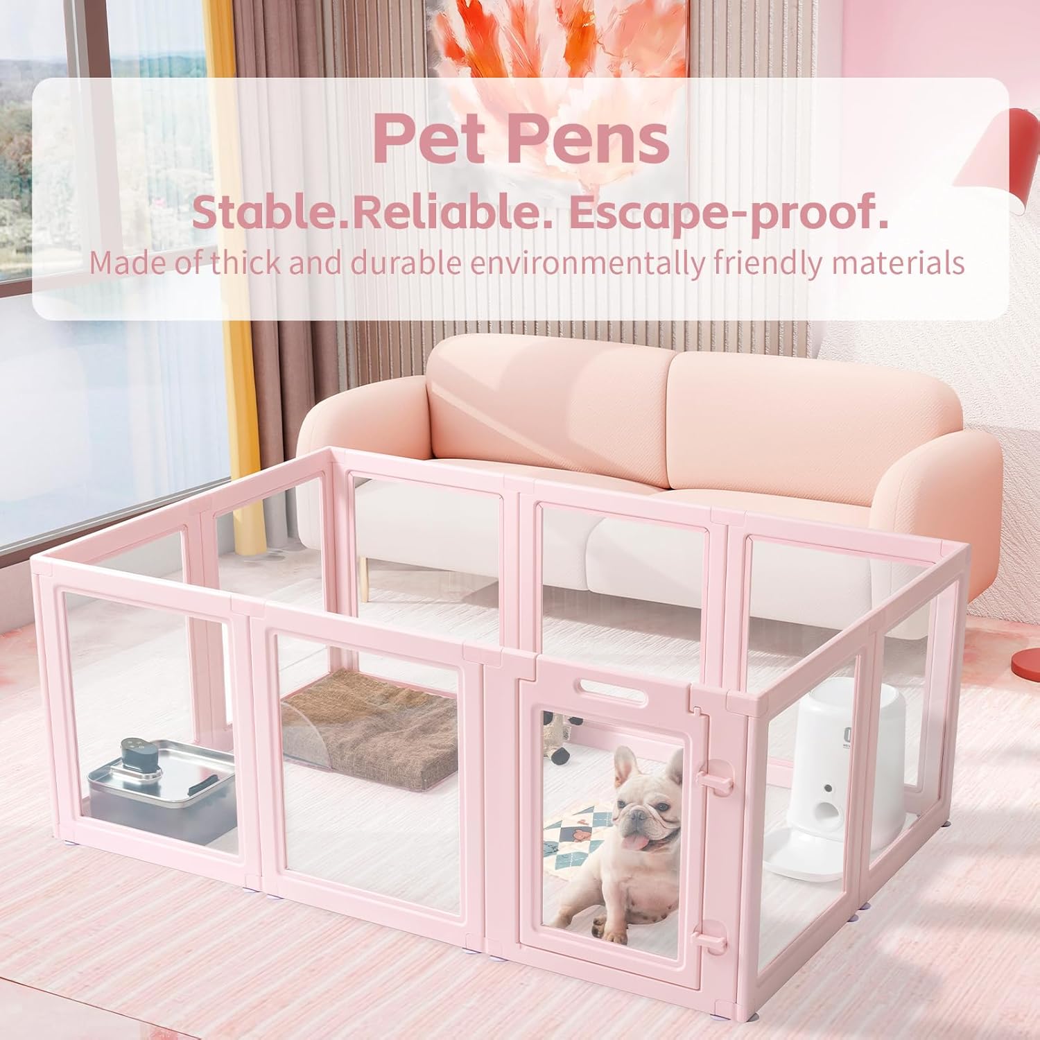 DIY Clear Acrylic Dog Playpen House,Quick Easy Assembly and Disassembly,Strong Floor Suction,Indoor and Outdoor Use,Easy Cleansing Puppy Fence (Skin Pink, 23.6" H, 10PCS)