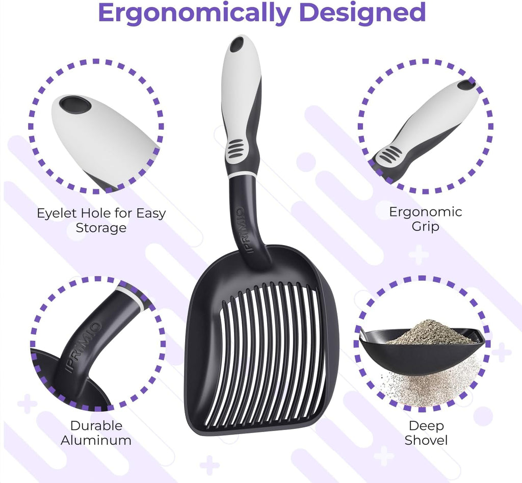 iPrimio Cat Litter Scoop Metal w/ Deep Shovel, Black - Non Stick Plated Aluminum Cat Litter Scooper with Holder - Litter Box Scooper - Metal Cat Litter Scoop - Patented Sifter w/ Holder - Solid Handle