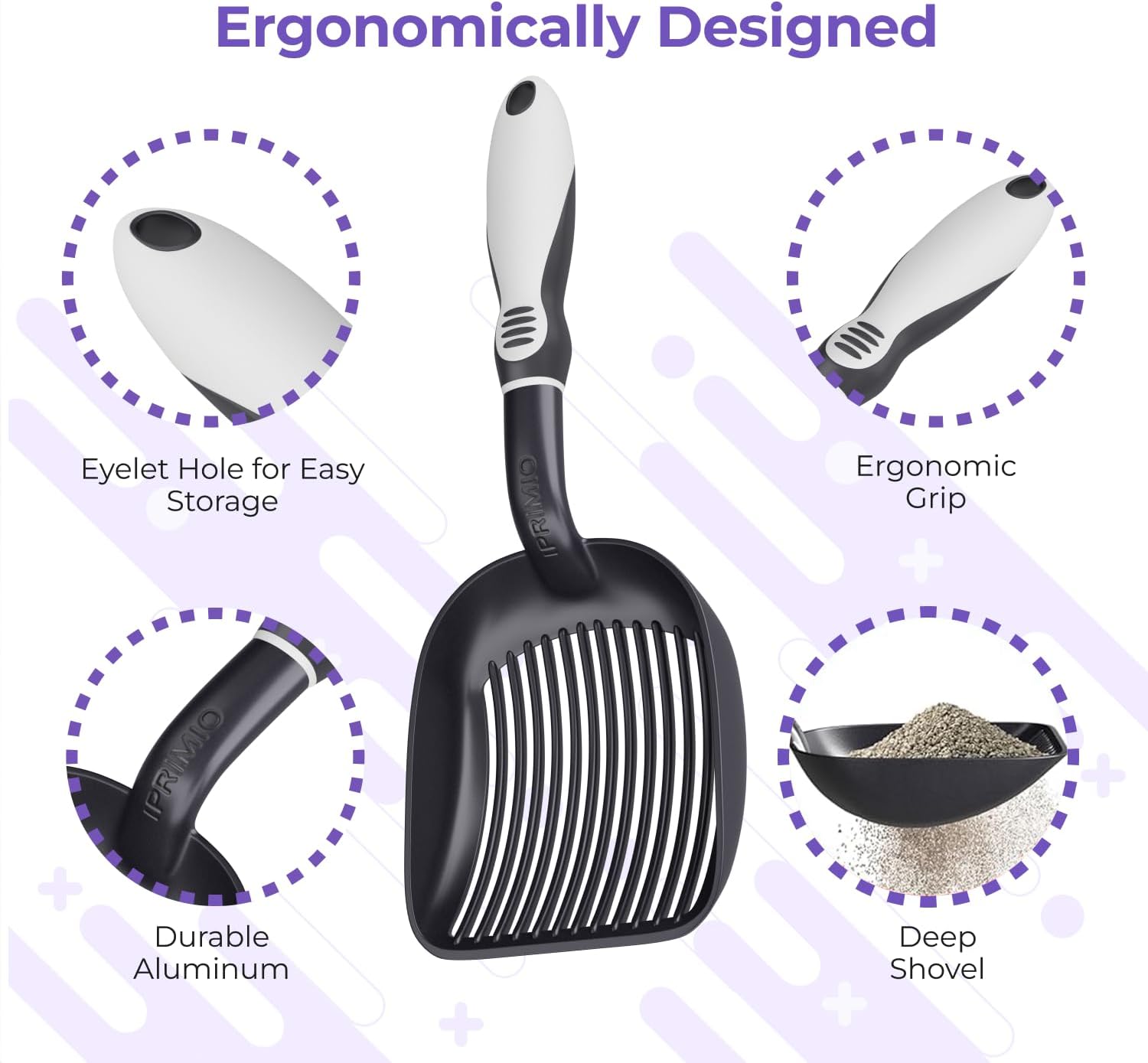 iPrimio Cat Litter Scoop Metal w/ Deep Shovel, Black - Non Stick Plated Aluminum Cat Litter Scooper with Holder - Litter Box Scooper - Metal Cat Litter Scoop - Patented Sifter w/ Holder - Solid Handle